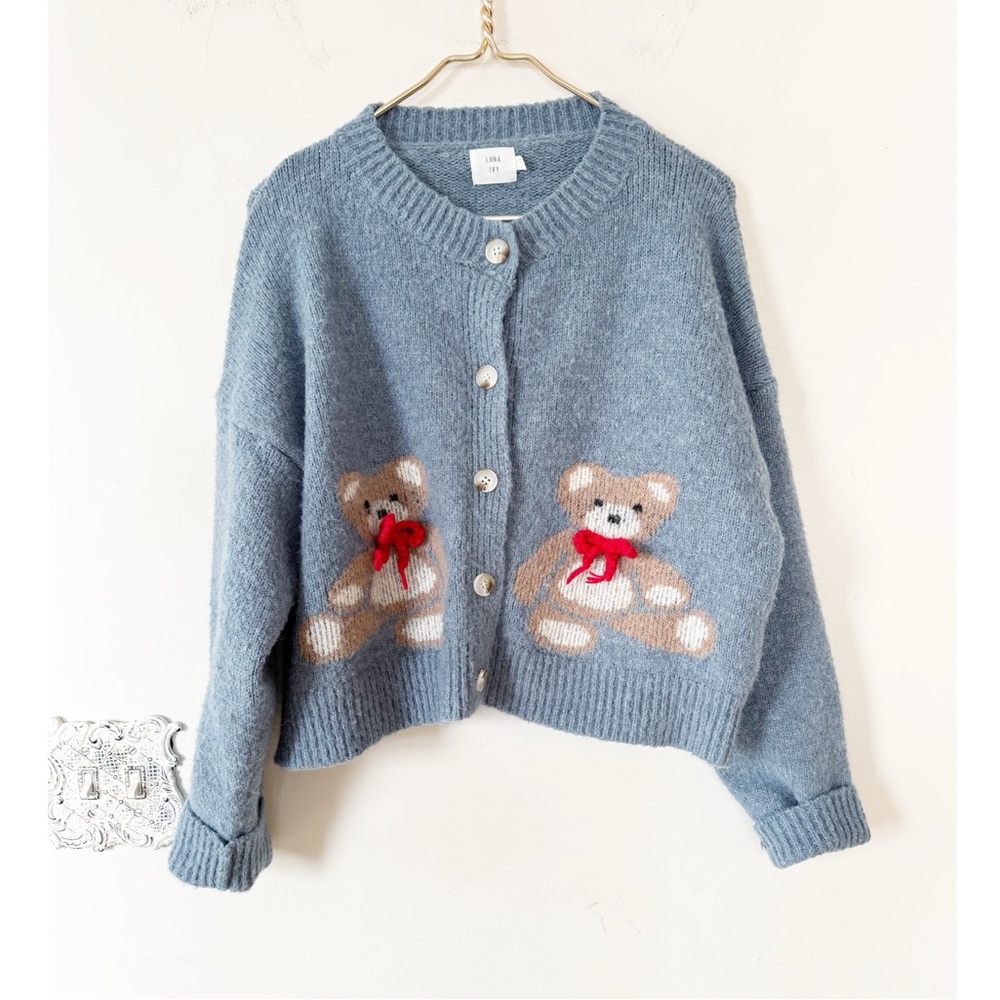 Luna Ivy Blue Teddy Bear Cardigan Sweater L - Picture 1 of 6